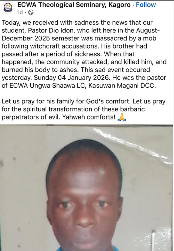 ECWA Pastor k!lled by a mob who accused him of witchcraft